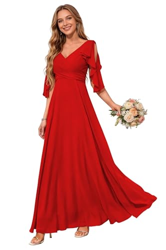 Image of Plus Size Red Formal Bridesmaid Dresses for Women Chiffon Formal DressFloor Length V-Neck Wedding Evening Party Gown US16W