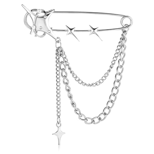 Image of Mabor Silver Star Brooch Pins for Women Star Tassel Chain Brooch Collar Pins Vintage Bling Crystal Pearl Sweater Shawl Clips Punk Collar Chain Brooch for Women Girls Jacket Clothing