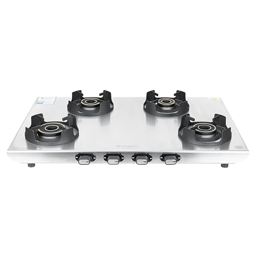 Image of Faber Ember Stainless Steel Cooktop | 4 Brass Burners (Jumbo, 2Medium & Small |Manual Ignition | Diamond-Coated Pan Support |Cooktop Ember 4BB SS CI (4 Burner)