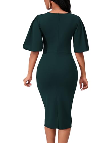 Image of WanMem Womens Basic Bodycon Ruffle Flared Short Sleeve Pencil Midi Dress