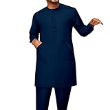 African Men Traditional Clothing Set Full Sleeve Dashiki Long Shirts and Pants 2 Piece Set African Suits Dark Blue X-Large