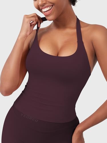 Image of YEOREO SoftHue Women's Impact Halter Tank Top Longline Backless Scoop Neck Built-in Bra Sports Workout Gym Crop Top