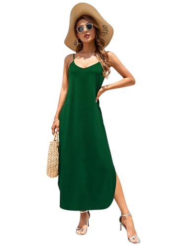 Image of HUSKARY Women's Summer Casual Sleeveless V Neck Strappy Split Loose Dress Beach Cover Up Long Cami Maxi Dresses with Pocket