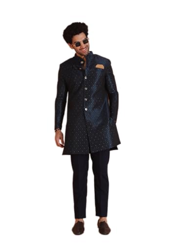 KISAH Men's Sherwani Set with Trouser – Embellished Silk Blend Jacquard Ethnic Set with Mandarin Collar – Indian Wedding & Festive Wear for Diwali, Eid & Celebrations, Turquoise, 44