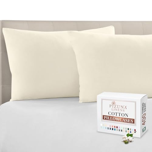 Pizuna Pure 100% Cotton Pillow Case 48 x 74 cm New Ivory, 400 Thread Count Soft Luxurious Long Staple Cotton Sateen Weave Pillow Cover (Cooling Pillowcase New Ivory- 2 PC)