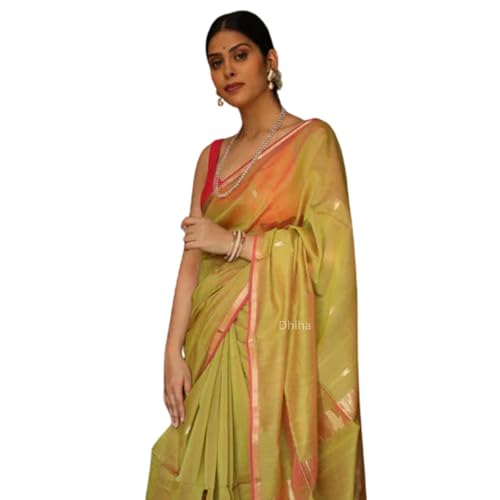 Image of Original Maheswari Cotton Silk Saree for Women | Kanjivaram Pure Silk Cotton Sari with Blouse | Zari Work | Tassels | Handloom Weave