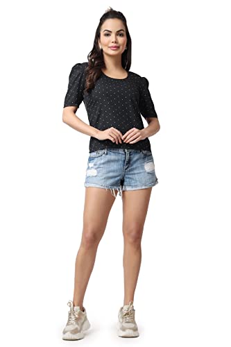 Image of POPWINGS Casual Printed Puff Sleeves Round Neck Top for Women || Stylish Summer Tops for Women || Hip-Length Women Top