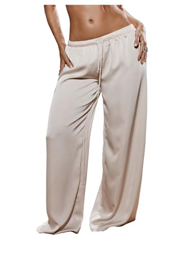 GORGLITTER Women's Y2k Wide Leg Baggy Palazzo Pants Drawstring Waist Loose Trousers Satin Loungewear