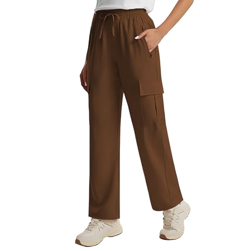 Women's Summer Hiking Pants Trendy Elastic Waist Lightweight Quick Dry Cargo Pant Casual Work Travel Safari Clothes(Brown,X-Large)
