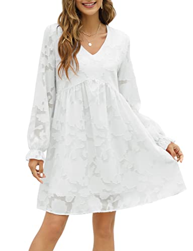 Missky Women White Dress Bridal Shower Babydoll V Neck Long Puff Sleeve Chiffon High Waist Jacquard Print 2022 Fall Casual Ruffle Graduation Swing Mini Dress, Xl #TOP16