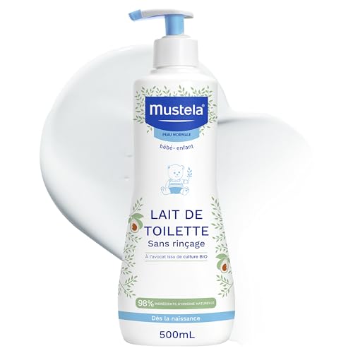 Mustela - Lait de Toilette Bébé Sans Rinçage - Soin Nettoyant et Favorisant l'Hydratation - 98% d'ingrédients d'origine naturelle - Haute Tolérance - Hygiène Bébé Douce Visage et Siège - Peau Normale