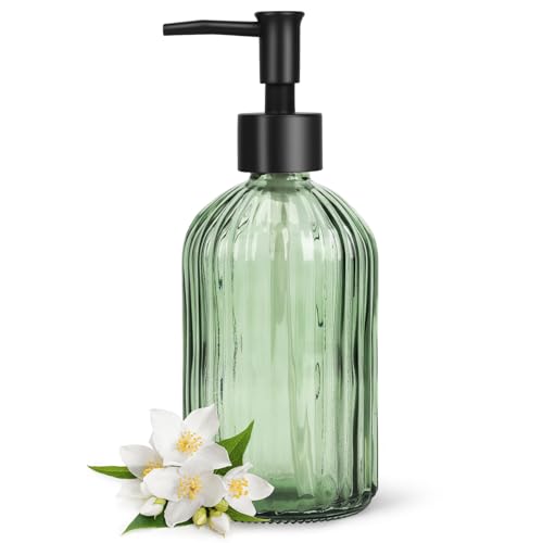 Topsky Glass Soap Dispenser with Black Plastic Pump, 400ml Liquid Hand Soap Dispenser, Rustproof Pump for Kitchen & Bathroom, Great for Lotions, Essential Oil, Liquid Soaps (Army Green)