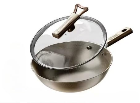 チタン フライパン 深型 中華鍋 炒め鍋 IH対応 ガス対応 有害物質含まない 焦げ付かないフライパン コーティングなし 軽量 高熱効率 食器洗機対応 お手入れ簡単 (32cm,ふたがある)