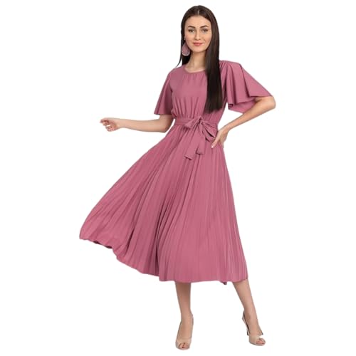 Image of KUDUZO Women's Crepe Long Pleated Below Knee Length Flutter Sleeve Round Neck S to XL Maxi Dress for Girls. (EG-U0IM-B9A1)