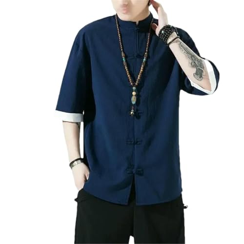 Chemise été homme col mandarin en coton lin et chanvre léger
