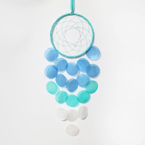 Pretty Jolly Small Outdoor Full Moon Woven Dream Catcher Unique Capiz Wind Chimes for Outside Soothing Sound Waterfall Handmade Windchimes Hanging Beach Coast Ocean Decor for Patio Garden(Blue)