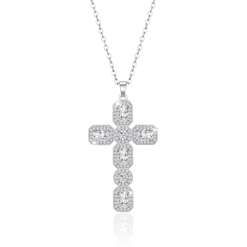 Linawe Collier croisé, chaîne en argent, collier pour femmes, diamant, pierre de naissance, collier en cristal, pendentif en forme de croix, pendentif en argent,...