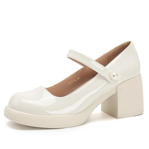 Women's Patent Leather Mary Jane Platform Chunky Heel Pumps Classic Round Toe Ankle Strap Non-Slip Mid Block Heel Dress Shoes with Adjustable Hook and Loop