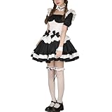 Damen Dienstmädchen-Kostüm, süße Schleife, Puffärmel, Korsett, Taille, gerüschte Schürze, Lolita, Halloween, Cosplay, Party, Uniform (Schwarz, L)