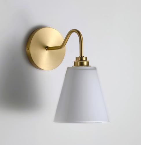 Image of Brass Wall Sconce with Milk Glass Cone Shade and Gooseneck, Gold Kitchen Sink Sconce for Bathroom, Bedroom (Bulb Included)