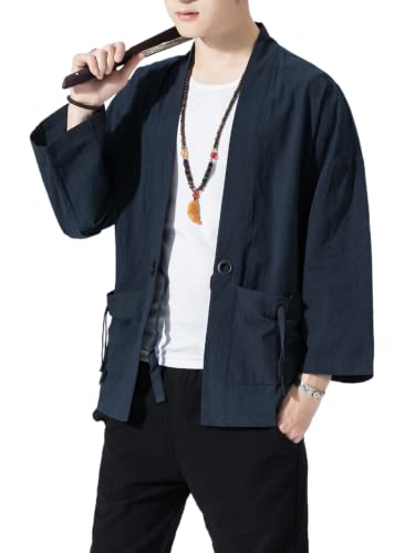 Image of Men's Japanese Kimono Cardigan Loose Cotton Linen 3 /4 Sleeve Open Front Casual Summer Shirt Jackets