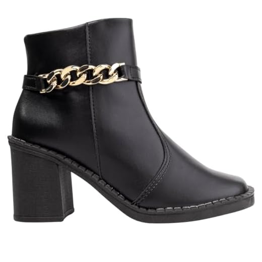 Bota Feminina Via Angel Salto Médio Grosso Cano Baixo Ankle Boot Bico Quadrado Corrente Moderna 80.04. (Preto, BR, Adulto, Numérico, 36)