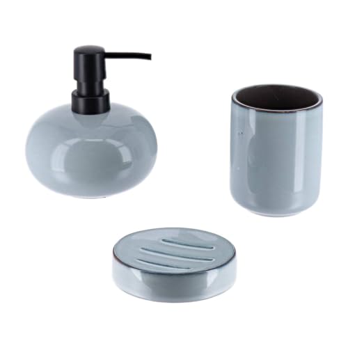 Tendance - Set Gobelet Distributeur à Savon et Porte Savon Grès Laqué - Bleu - Salle de Bain - Accessoire Salle de Bain à Poser