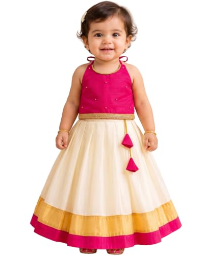 Image of Stanwells Kids Baby Girl Dress Cream Gold Pattu Pavadai Cotton Silk Lehenga Choli Kerala Kasavu South Indian Onam Festival Traditional Ethnic Wear