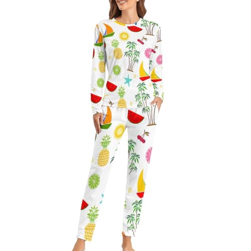 Pyjama femme pour soirées cocooning Bateau Pastèque - Ensemble t-shirt manches longues