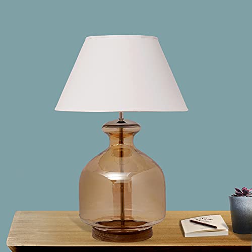 Image of Alper Amber Luster Glass Table Lamp with White Cotton Shade | Modern Designer Bedside & Living Room Decorative Table Light (Bulb Included)