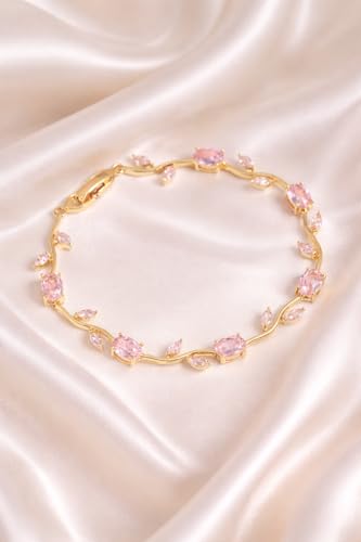 Image of VIEN Gold Plated Pink Crystal Bracelet for Women Elegant Floral Tennis Bracelet Adjustable Lightweight Fashion Jewelry Gift for Girls Birthday Anniversary Wedding