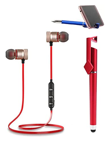 LYXMAD Wireless Magnet Bluetooth Earphone Headphone with Mic, Sweatproof Sports Headset, for Running and Gym, Stereo Sound with Ergonomic (Black) & 3 in 1 Stylish Pen Mobile Holder Stand.