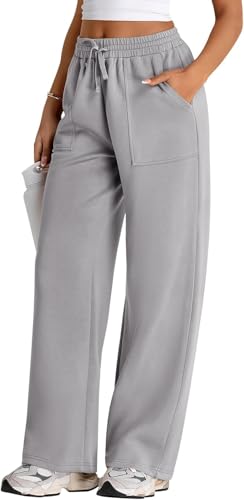 Image of Q - RIOUS Women's Wide Leg High Waisted Baggy Lounge Sweat Pants Drawstring Athletic Flared Joggers with Pockets
