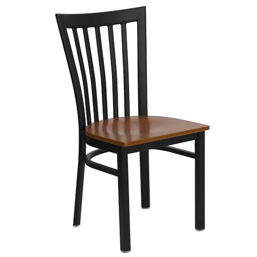 Image of Flash Furniture HERCULES Series Black School House Back Metal Restaurant Chair - Cherry Wood Seat