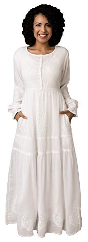 Women's Modest White Full Length Long Sleeve Cotton Special Occasion Dress with Button Down Front2