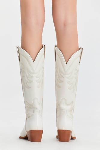 Image of iiimmu Cowgirl Boots Women Knee High Boots Pointed Toe and Block Heel Cowboy Suede and Faux Leather Boots with Embroidered