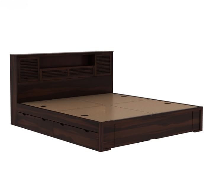 Image of Solid Sheesham Wood Bed with Storage | Wooden Bed with Drawer Storage & Designer Headboard | Strong & Durable Bed Frame for Bedroom Home & Hotel (Walnut Finish, King)