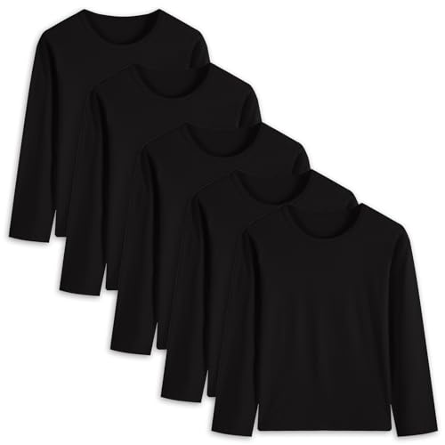 5 Pack Cotton Long Sleeve Tee Shirts for Boys and Girls Crewneck Basic T-Shirts Kids Tops for Toddlers Youth(Age 2-14) Black