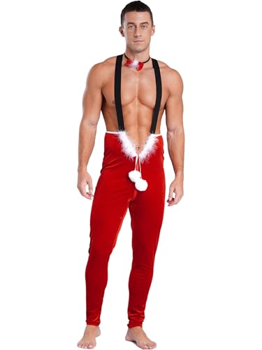 easyforever Mens Sexy Christmas Costume Santa Claus Cosplay Velvet Strap Jumpsuit with Bow Tie Red XX-Large