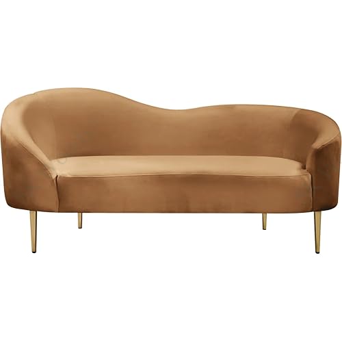 Image of Rosewood Luxury Curved Sofa in Premium Velvet-Fabric | Solid Wood Structure | High Density Foam | Sturdy Golden Legs | Comfortable & Stylish Couch for Modern Living Room (Saddle, 2 Seater)