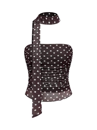 Milumia Women's Polka Dots Mesh Tube Tops Y2k Strapless Bandeau Top with Scarf Brown Small