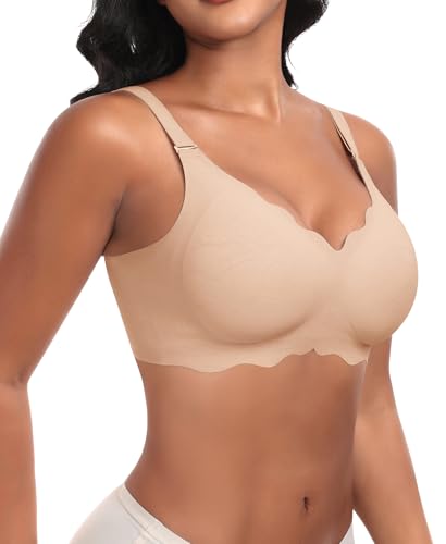 Ganado Damen Nahtloser BH Ohne Bügel Tiefem V-Ausschnitt gewellte Ränder Push Up BH Bralette Soft Bequem BHS Bügellos Bustier (Einfachbeige-Doppel Vorderwelle, 2XL)