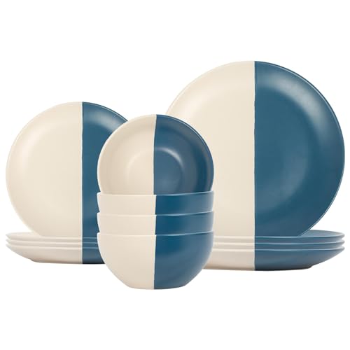 Nicola Spring 12pc Stoneware Dinner Set - Navy - 4-Person Dining Set Kitchen Ceramic Two Tone Dinnerware Crockery Plates and Bowls Set for Starters, Sides, Mains, Dessert
