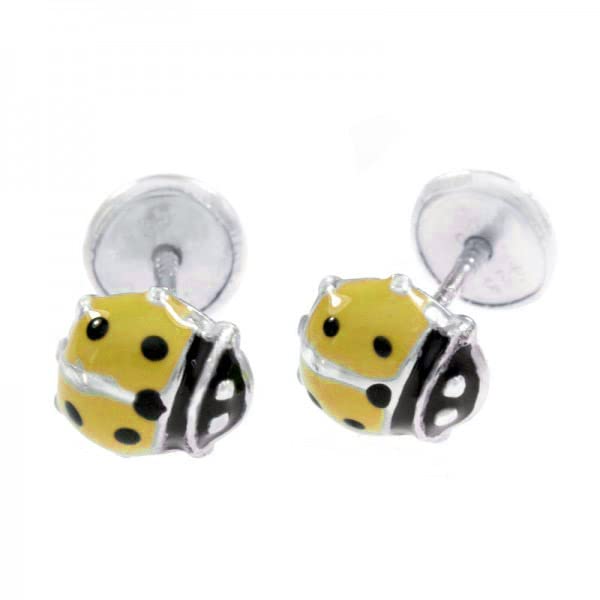 GenéricoPendientes mariquita bebé con tuerca de seguridad Plata de Ley 6 color amarillo - Pendientes mariquita roscados para bebé o niña Plata 925