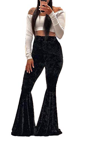 Aro Lora Women's Velvet High Waist Ruffle Casual Party Club Flare Bell Bottom Pants X-Large Black