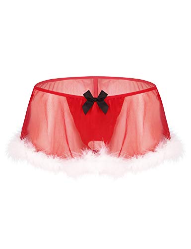 iEFiEL Men Sissy Christmas Santa Baby Costume Red G-String Thongs Panty White Feather