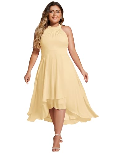 Image of Ever-Pretty Plus Women's Sleeveless Halter A Line Pleated High Low Plus Size Wedding Guest Cocktail Dresses 31926-DA