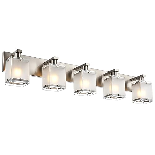 WINSHEN 5-Lights Bathroom Vanity Light Fixtures, Modern Brushed Nickel Wall Sconce Lighting with Rectangular Frosted Glass Shades, E26 Bulb Base