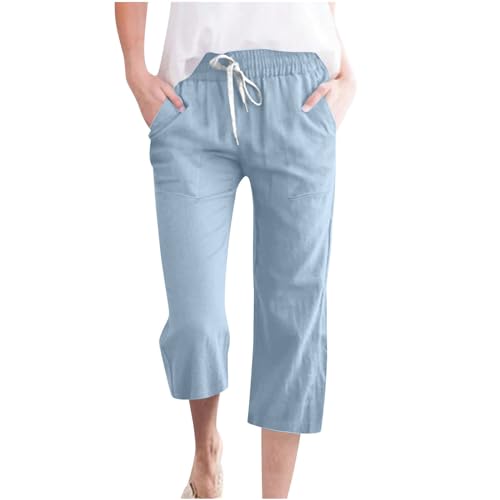 Womens Cotton Linen Capris Pants Summer Elastic Waist Drawstring Beach Casual Pant Lightweight Trousers with Pocket
