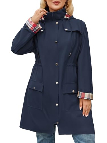 Kikibell Plus Size Rain Jackets for Women Raincoats Waterproof Windbreaker Jacket Hooded Outdoors Trench Coat with Pockets